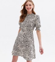 New Look Off White Leopard Print Frill High Neck Mini Dress
